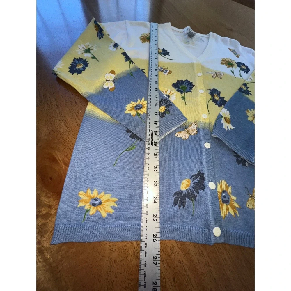 Teddi Vintage Floral Butterfly Cardigan Sweater‎ XL Blue Yellow White Cotton